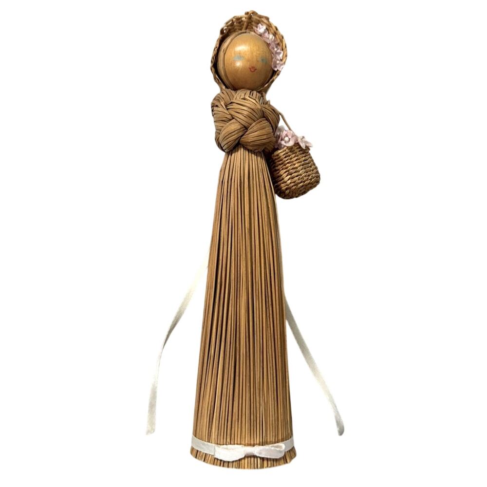 Vintage Straw Doll Folk Art Figurine Holding Flower Basket Made in Korea